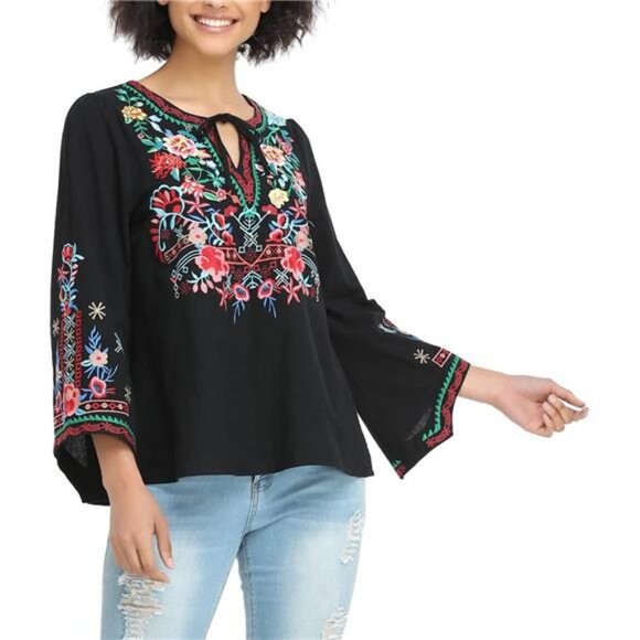 Black Floral Embroidered Long Sleeve Blouse‎ Boho V Neck Tunic Top - Picture 3 of 6